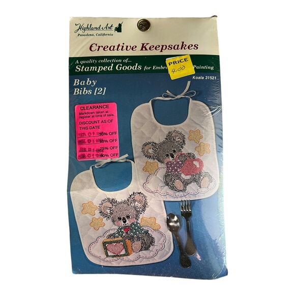 Vtg Creative Keepsakes KOALA BEAR Bib Embroidery Kit Cotton Set Of 2 Craft NOS - Picture 1 of 2